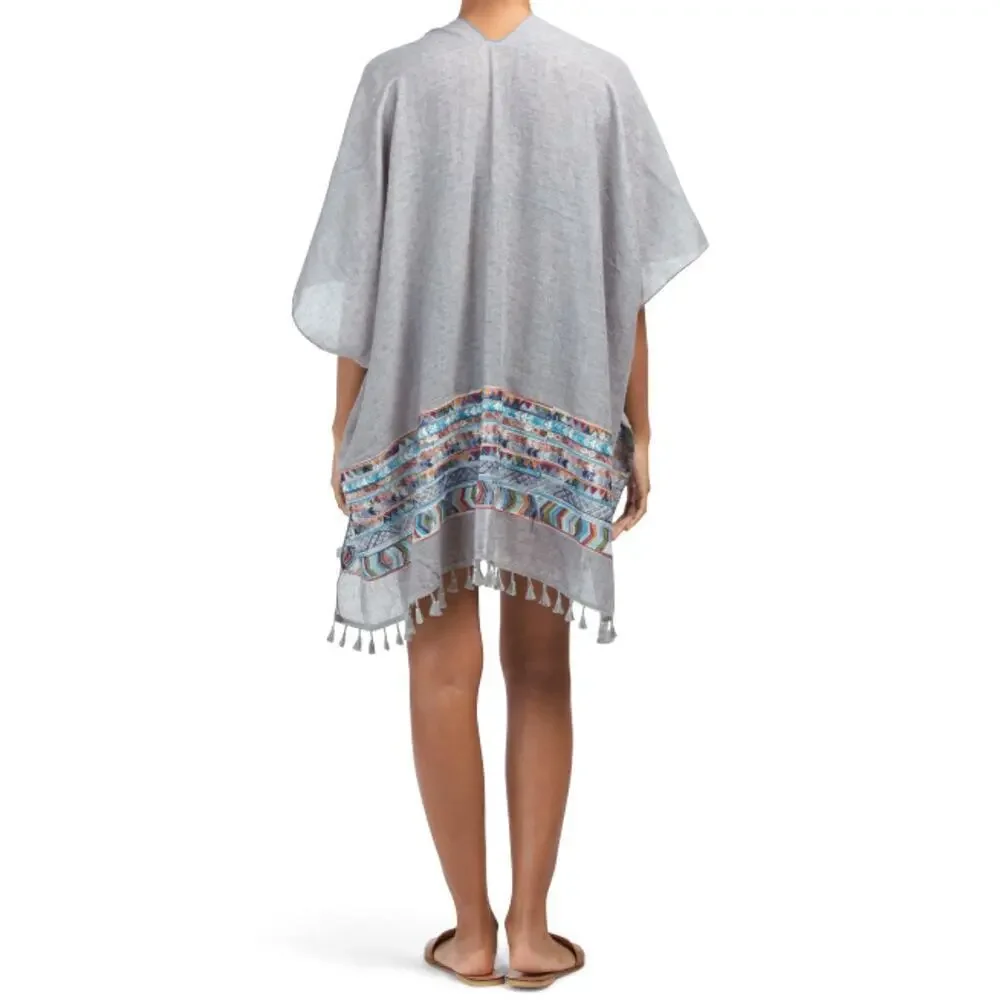New! RAJ Aztec Embroidered Tassel Trim Beach Cover-up Boho Kimono Shawl Wrap